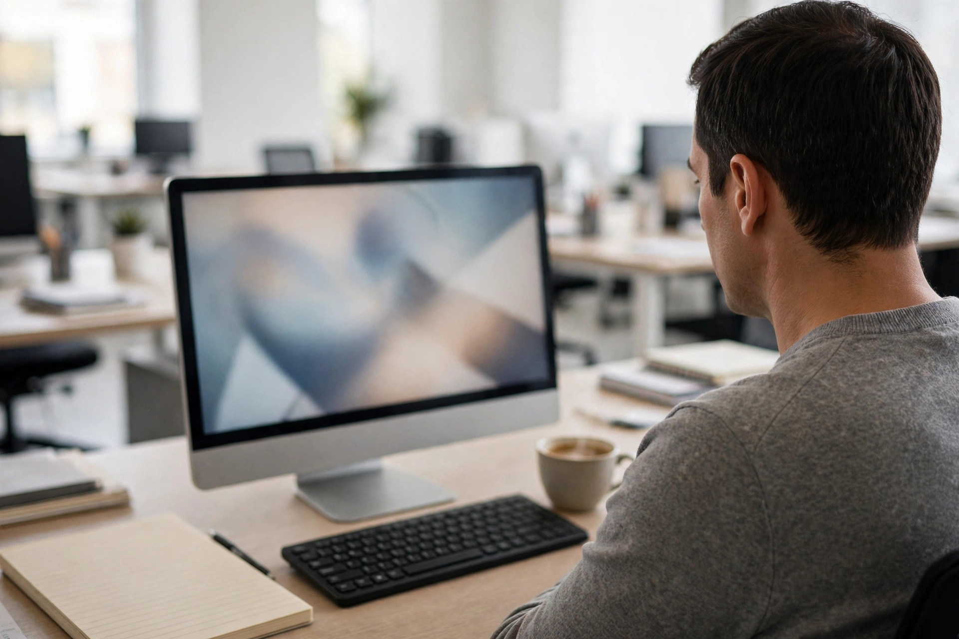 Office worker seen from behind at a desk with a blurred monitor, notebook and coffee - The Algorithm book review workplace monitoring scene