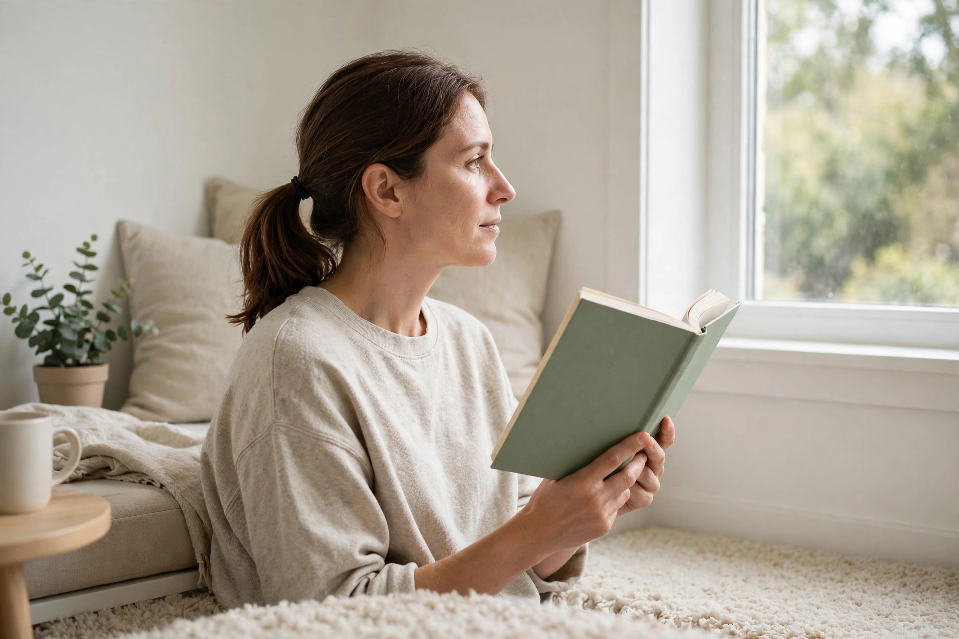 Woman holding a plain hardcover book while sitting by a bright window - The Algorithm book review reading scene