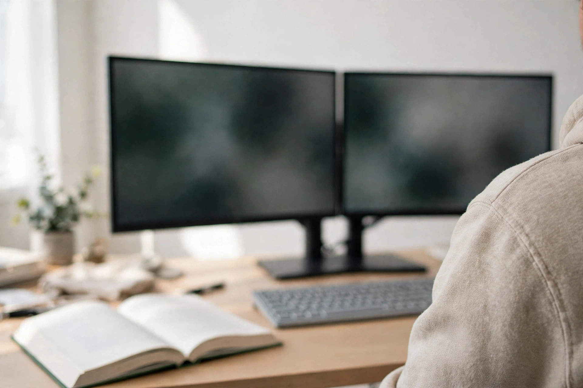 Open book on a desk in front of two blurred monitors in a bright home office - The Thinking Machine book review workstation scene