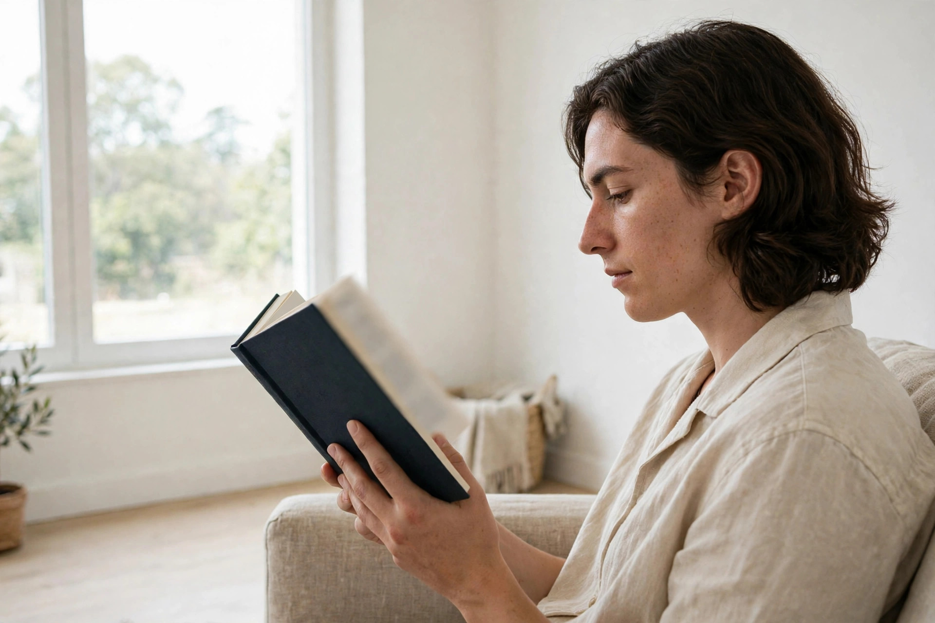 Person reading a hardcover book in a chair beside a large bright window - The Thinking Machine book review reflection scene