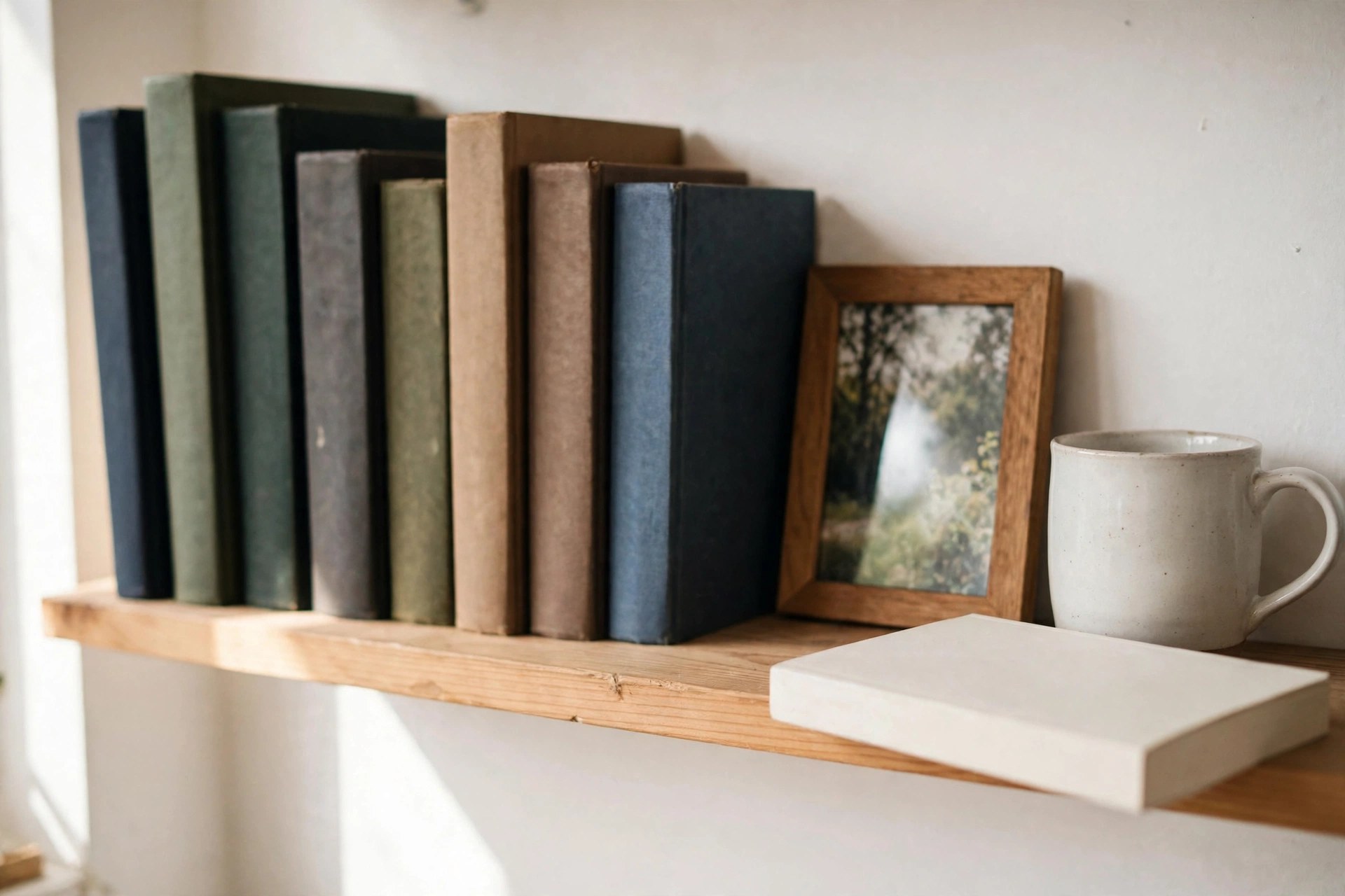 Wooden shelf with plain-spined science books, a framed photo and a mug in natural light - The Worlds I See Fei-Fei Li book review
