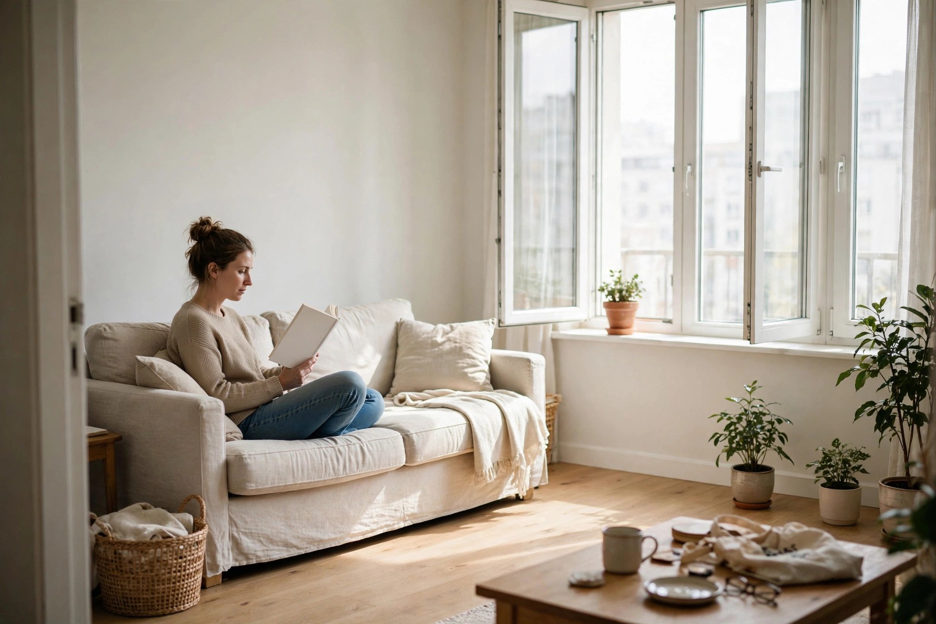 Woman reading a hardcover book on a light sofa by a bright window - The Worlds I See book review reading scene