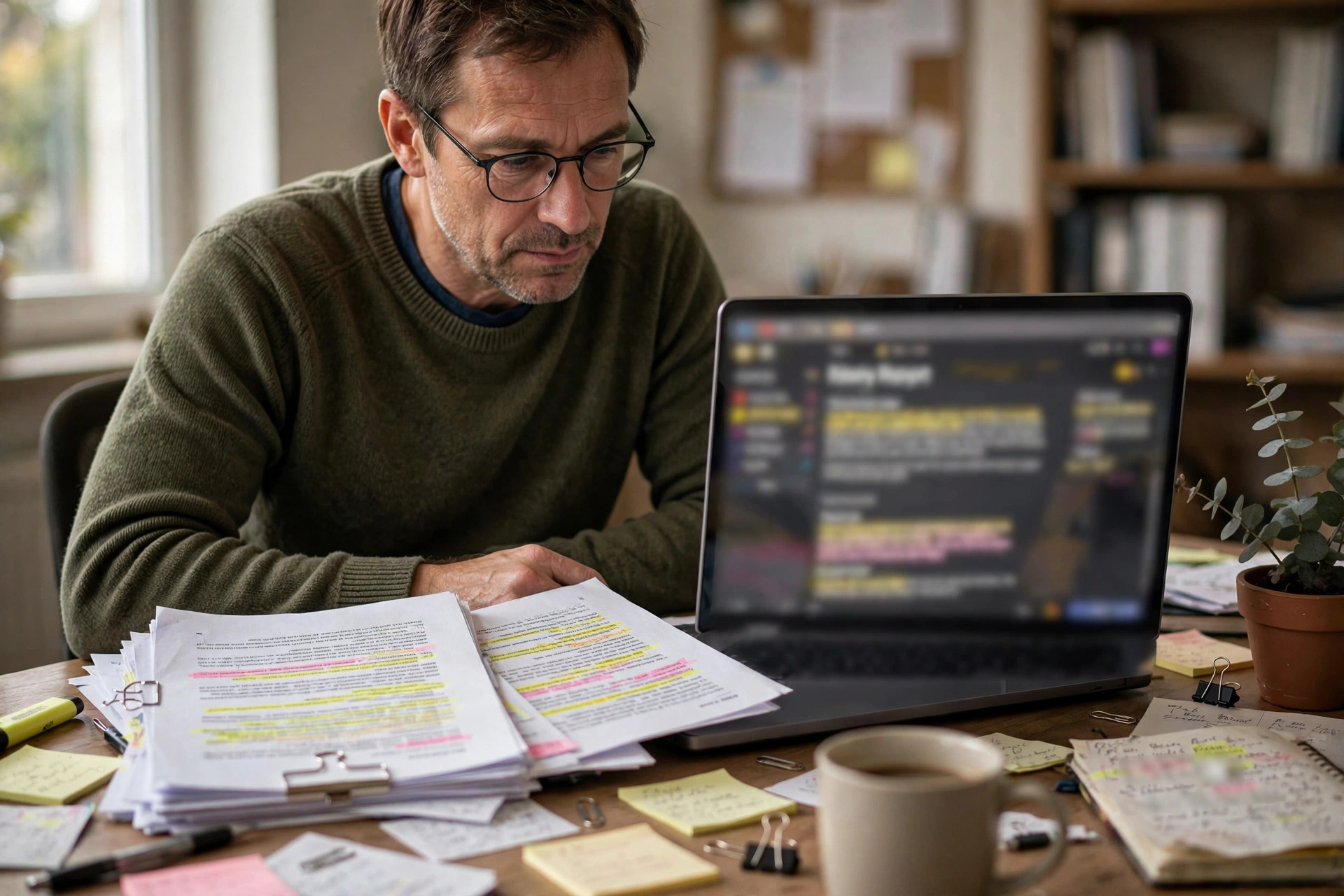 Teacher reviewing a student essay with a Turnitin vs Originality.ai style AI detection report on a laptop