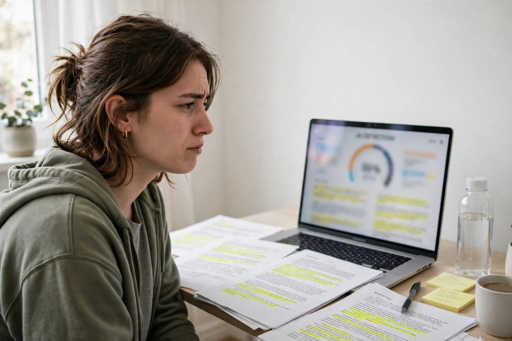 Student checking essay on laptop showing ZeroGPT AI detector accuracy score and highlighted sentences